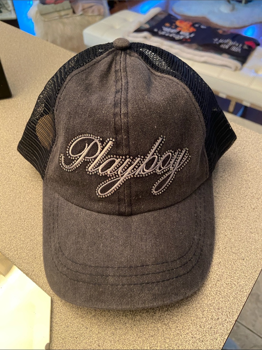 PLAYBOY Black Washed Mesh Trucker Cap with Studded Script